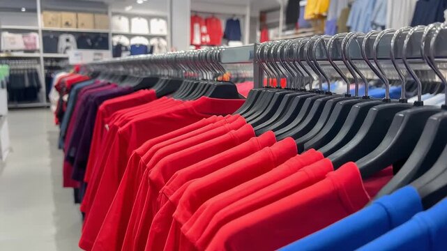 色分けされた衣類が一直線に並ぶアパレル売り場の整理された空間