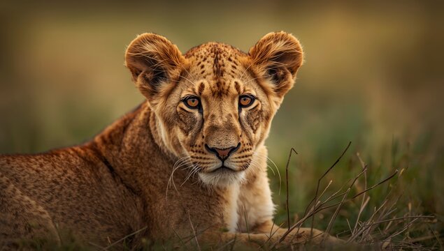 Young lioness's facial portrait highlighting feline characteristics, wildlife conservation, World Wildlife Day - Powered by Adobe