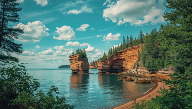 Colorful sandstone cliffs in Munising, MI Upper Peninsula of Michigan, erosion shaping natural landscape