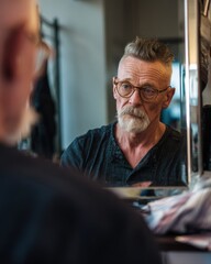 Reflective Senior Man with Trendy Haircut Looking in Barber Mirror