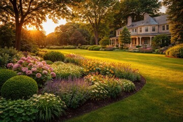 Obraz premium Warm sunset light bathing a private estate's lawn and shrub-filled flowerbed