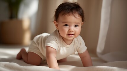 Fototapeta premium Cute baby crawling on a soft surface, smiling face and active movement highlighting learning, independence, sensory exploration, and natural infant behavior. cinematic color correction, natural