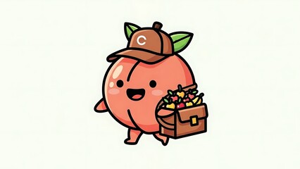 Fototapeta premium Cartoon Peach Character with Treasure Chest.