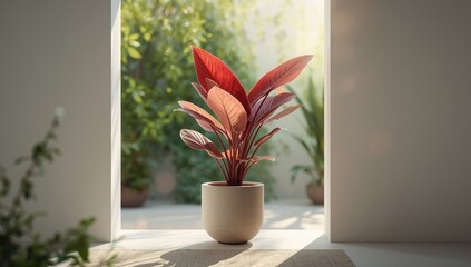Red aglaonema foliage in a planting pot, serving as an accent in home decor, World Planting Day