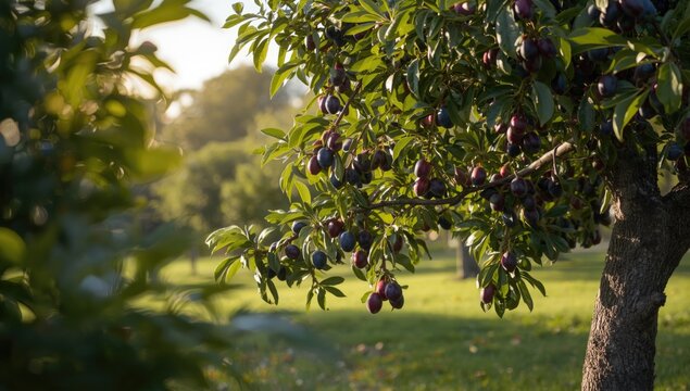 Laden plum tree in August, highlighting peak fruiting period in a temperate climate