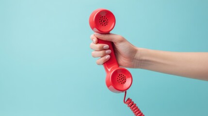 The Red Telephone Handset Held Against a Pastel Blue Background for Communication