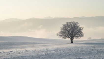 Snowy countryside scene with frost-covered trees and open fields, suitable for winter layout backgrounds