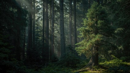 Fototapeta premium Moody imagery of a green conifer forest focusing on trees and ecological environment