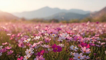 Fototapeta premium Colorful cosmos flowers arranged in a landscaped area, serving as an ornamental feature for tourists during peak bloom