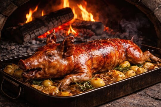 Classic Suckling Pig Slow Cooked in Wood Fired Oven for Rich Flavor