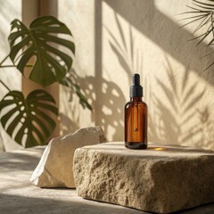 Premium frosted amber glass dropper bottle on natural limestone with soft leaf shadows. Luxury organic skincare packaging mockup in sunlight.