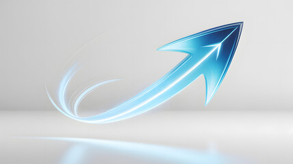A blue arrow with a glowing effect and motion lines on a gray background with reflection