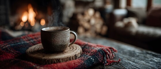 Cozy winter atmosphere features a ceramic mug of hot coffee steaming on a wooden saucer with a red plaid blanket and a blurred fireplace.