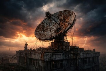 Corroded signal dish atop building representing technology erosion with dramatic atmospheric tones