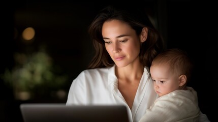 Mother working on a laptop while holding a baby, balancing professional tasks and caregiving, expressing multitasking, modern motherhood, responsibility, and work life integration. cinematic color