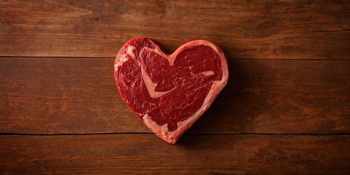Raw ribeye steak cut in a heart shape placed on wood, highlighting high saturated fat content for dietary considerations