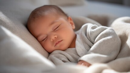Close-up of a sleeping newborn baby wrapped in a cozy blanket, gentle breathing and relaxed face highlighting tenderness, purity, newborn care, comfort, bonding, and serene home environment.