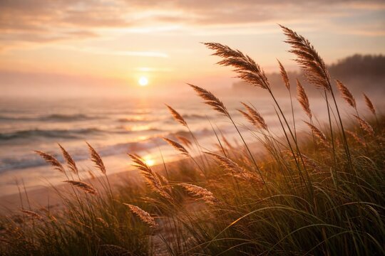 Sunset wind rustling coastal grass and reeds against a misty sea background