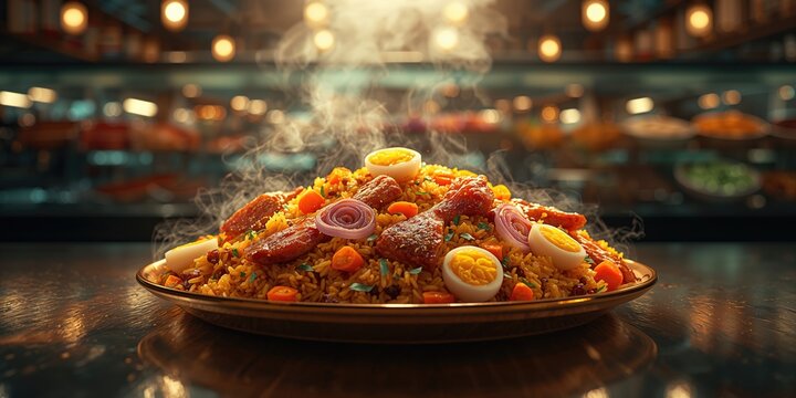 Traditional Uzbek rice dish with meat, vegetables, and eggs arranged in a self-service restaurant, highlighting cultural food presentation