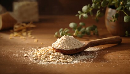 Oat flour and whole oats in a spoon, illustrating healthy whole grain consumption