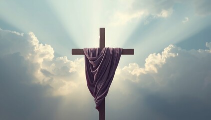 Purple fabric on wooden cross illuminated by heavenly light, symbolizing resurrection and spiritual ascension