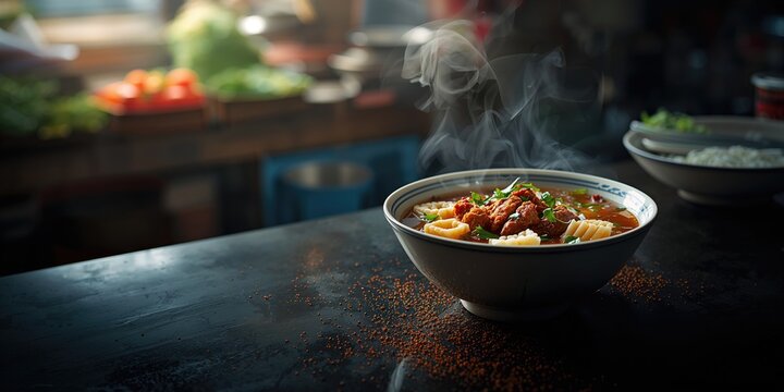 Tom Kuay Jup clear soup featuring rice flour or Chinese pasta and crispy pork, highlighting street food preparation techniques