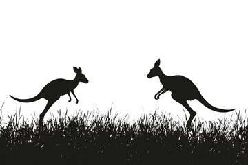 Fototapeta premium Dynamic Duo: Two kangaroos, rendered in striking silhouette, are caught mid-leap across a grassy plain, embodying agility and the spirit of the Outback.
