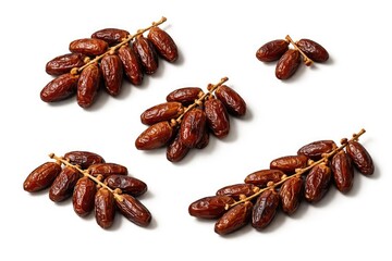 Obraz premium White background showcasing separate dried date clusters in assorted sizes and rich brown tones