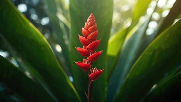 Side perspective of a red ginger plant showing elongated red bracts surrounding the concealed flower, focusing on plant resilience