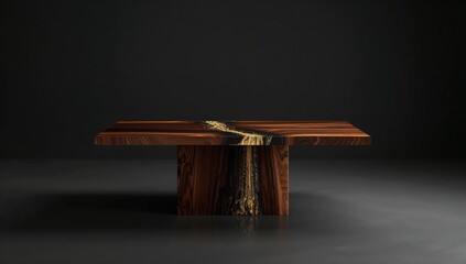Rectangular wood slab table with gold epoxy river accent, showcasing craftsmanship and polished finish