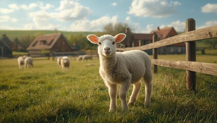Obraz premium Lamb resting near a fence with a scenic meadow and classic Dutch farm structures, highlighting pastoral surroundings