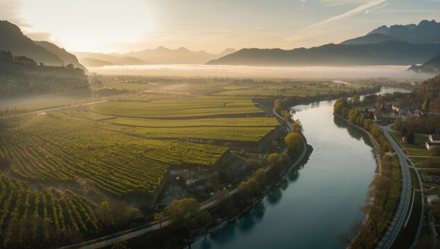 Morning light illuminating Bolzanos Etsch river and surrounding apple orchards, ideal for editorial header