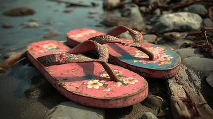 Floral flip flops resting on rocks near water