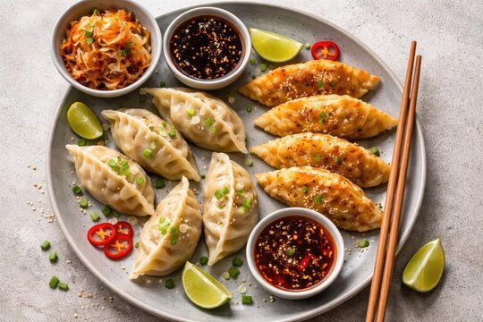Top perspective of Japanese and Korean dumplings served on a gray dish
