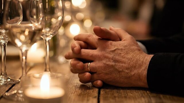 Close Up of Elderly Hands Clasped on Candlelit Table representing Golden Anniversary and Enduring Love