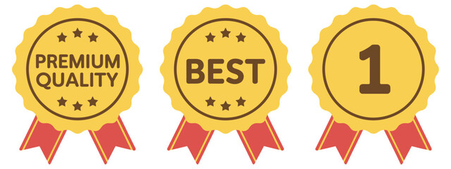 Vector Award Ribbon Badges set featuring first place, best choice, and premium quality designs, ideal for labels, promotional materials, branding, and awards.