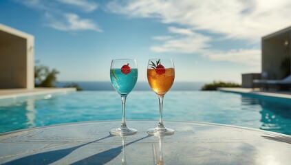 Pair of mixed drinks with fruit slices and straws, highlighting casual social gatherings and beverage presentation