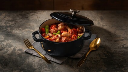 Chicken breasts Cacciatore with tomatoes, bell peppers, carrots and sliced mushrooms in a black ceramic dutch oven on a concrete table, meal presentation for dinner