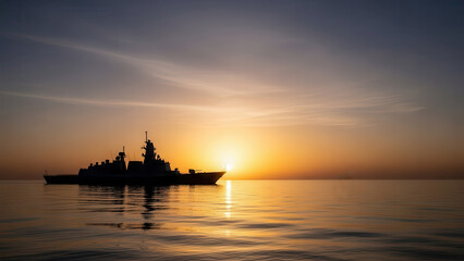 Obraz premium Warship sailing through calm waters during vibrant sunset