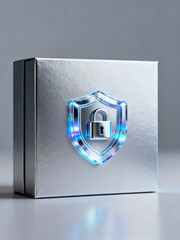 Father&rsquo;s Day Gift Box with Dark Cyber Technology Design, Glowing Security Lock and Concept of Digital Trust and Protection