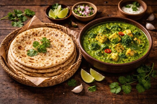 Wooden table setup featuring protein packed roti and rich green curry
