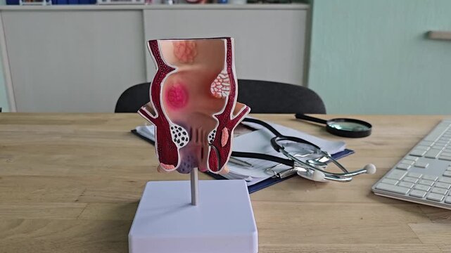 Doctor with model of human rectal anatomy and hemorrhoids in hospital, inflamed vascular structure