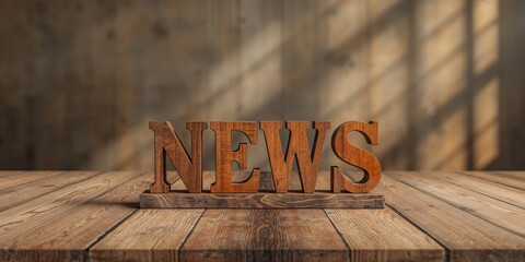 Rustic wooden NEWS sign placed on a textured table surface for informational displays, ideal for layout backgrounds