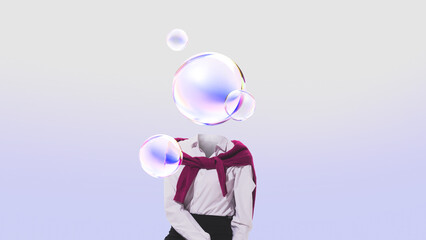 Conceptual mixed media female figure with floating iridescent bubbles. Concept of idea generation, innovation flow, creative process, digital transformation, abstract thinking, and future business.