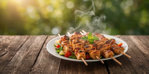 Grilled chicken shish kebab with charred edges, efficient outdoor cooking for barbecue enthusiasts