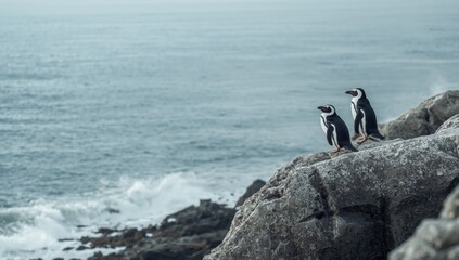 Fototapeta premium Humboldt penguins gathered on coastal rocks by the Pacific Ocean, highlighting wildlife conservation