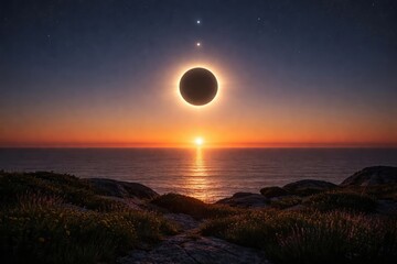 Solar eclipse with clear horizon and celestial alignment