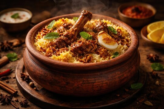 Indian non vegetarian Dum Handi Mutton Biryani in traditional clay pot