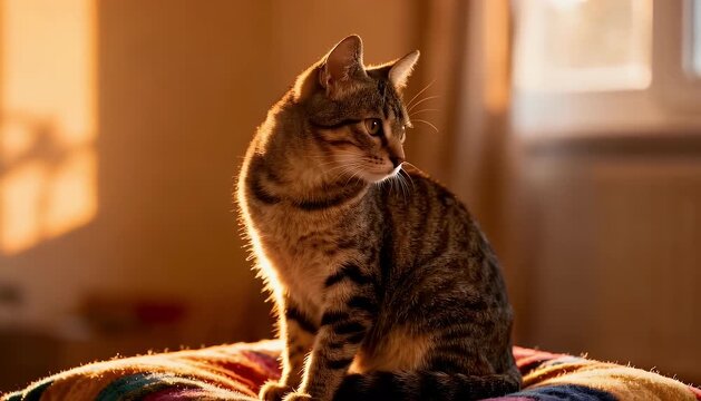 Domestic cat sitting on pillow illuminated by warm sunlight