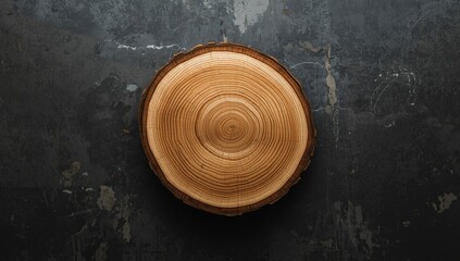 Detail of a round wooden tree cross-section with visible rings resting on a dark concrete background, ideal for text or design overlays